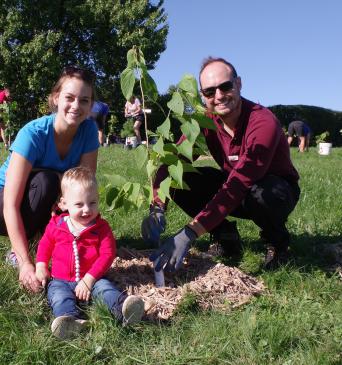 Family planting trees